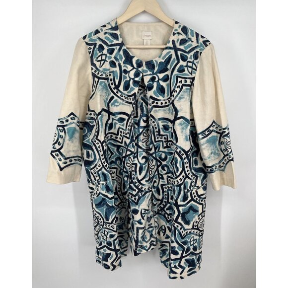 Chico's Linen Jacket Size 3 XL 16 Blue Artisan Printed 3/4 Sleeve Pockets Boho - Picture 1 of 6